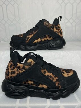 Buffalo London CLD Corin Leopard Print Black Nubuck Chunky Platform Sneakers 40